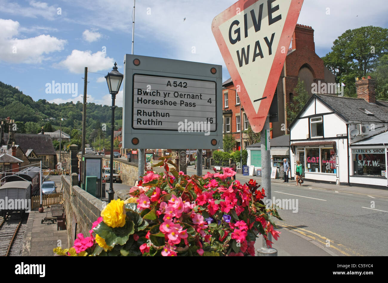 Road sign in Llangollen Stock Photo Alamy