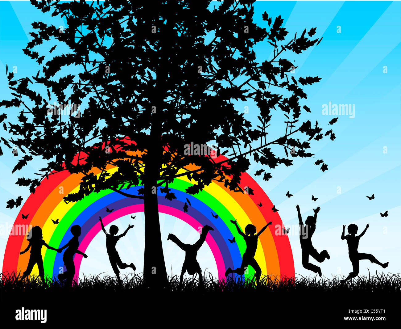 Silhouettes of children chasing butterflies Stock Photo