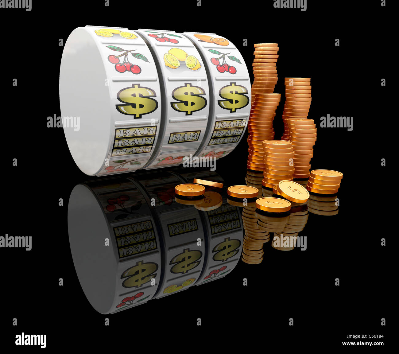 3D render of fruit machine reels with stack of gold coins Stock Photo ...