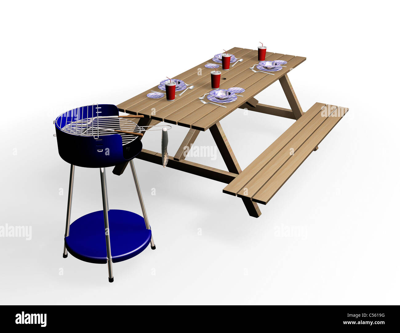 3D render of a barbecue and a wooden bench with cutlery and crockery ...
