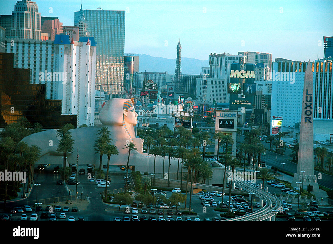 The entire world is represented on the Las Vegas Strip, including an Egyptian Spinx and the Eiffel Tower. Stock Photo