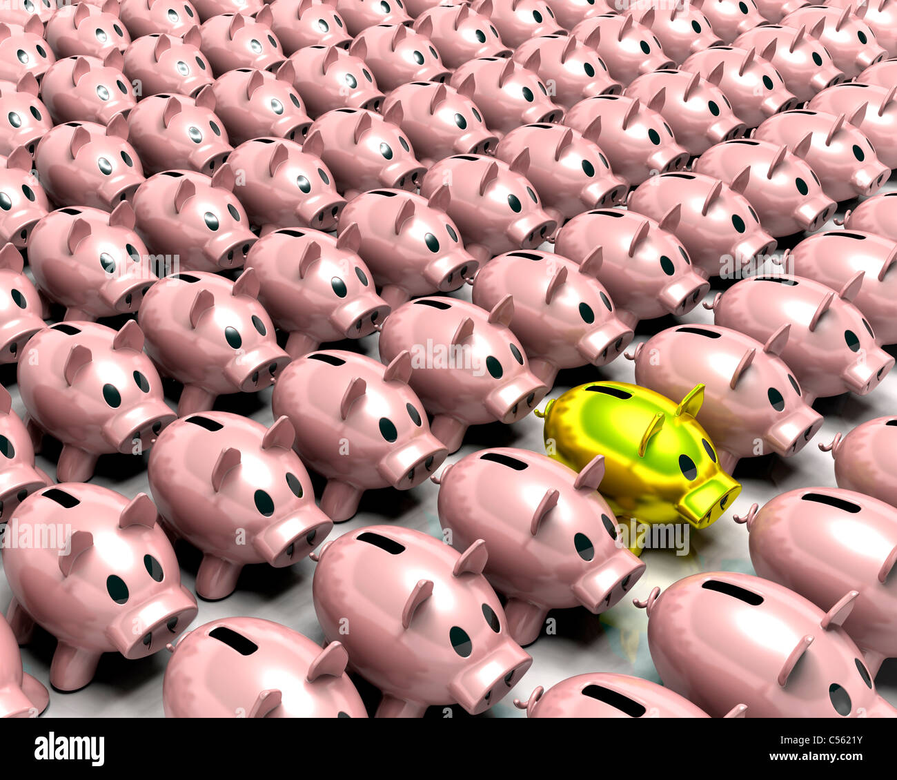 3D render of a gold piggy bank in amongst a crowd of pink piggy banks ...