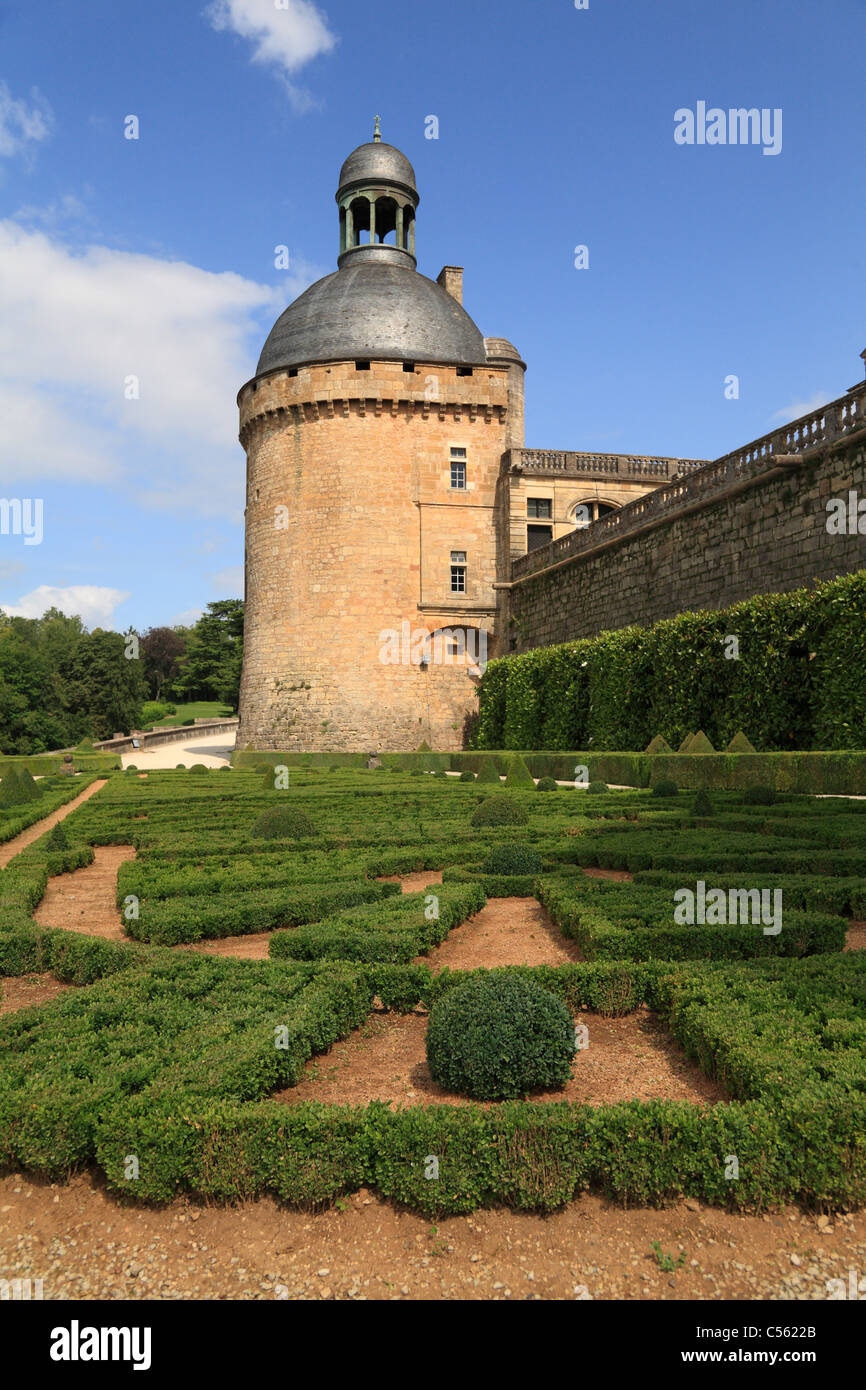 Formal French gardens with geometric Box hedges and topiary Renaissance Chateau de Hautefort Dordogne Aquitaine France Stock Photo