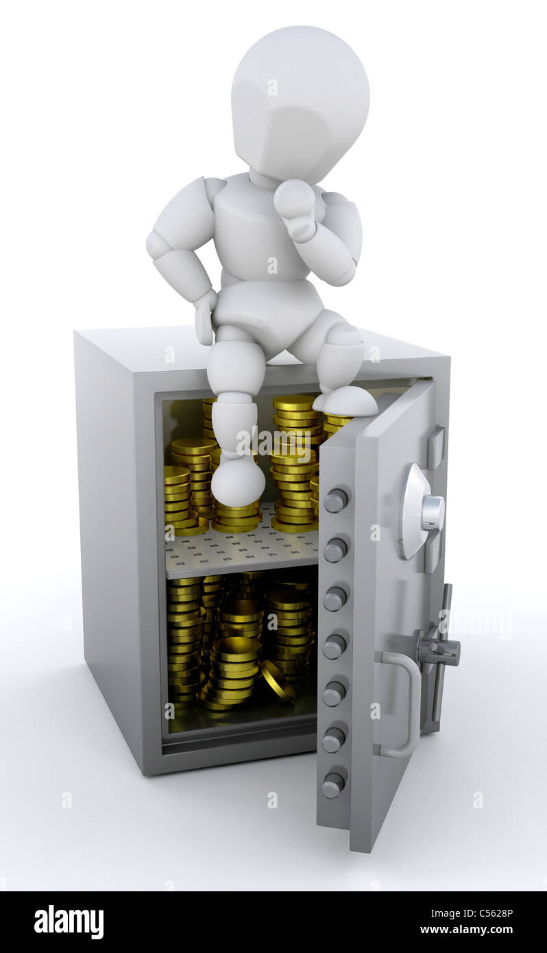 3D render of a person sat a safe full of gold coins Stock Photo Alamy