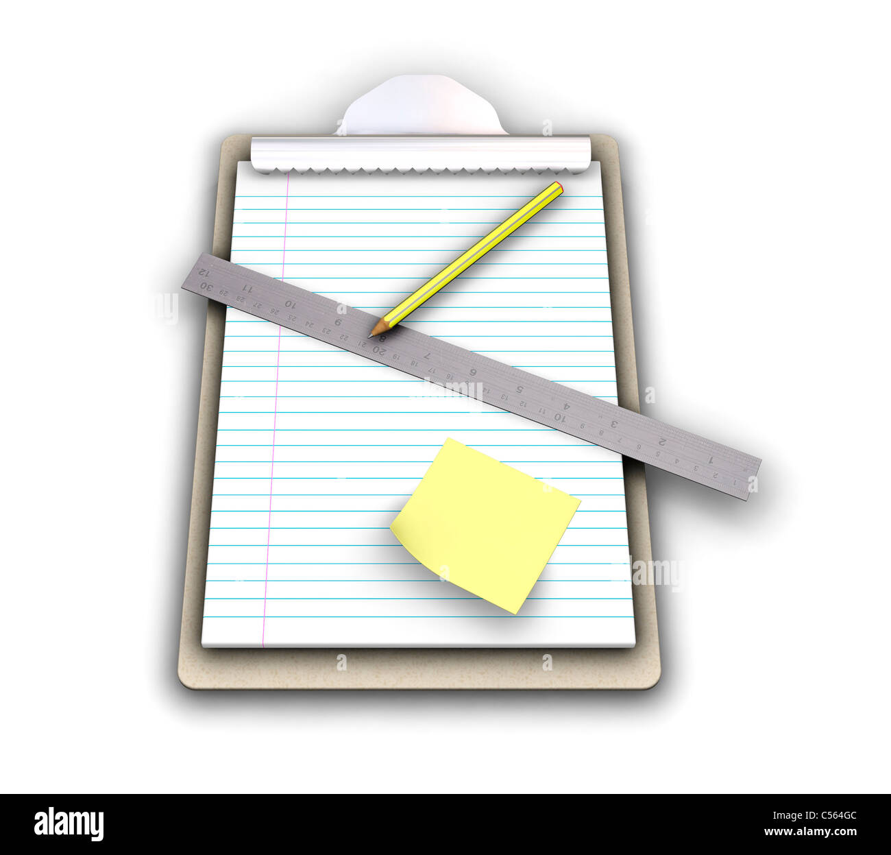 3D render of a clipboard with a ruler, pencil and post it note Stock ...