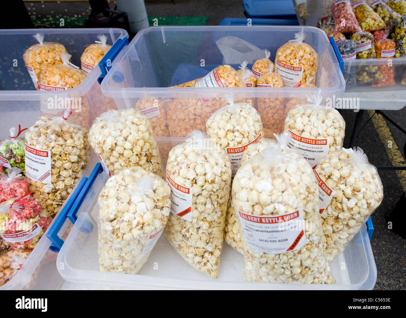 Kettle corn bags in bins Stock Photo Alamy