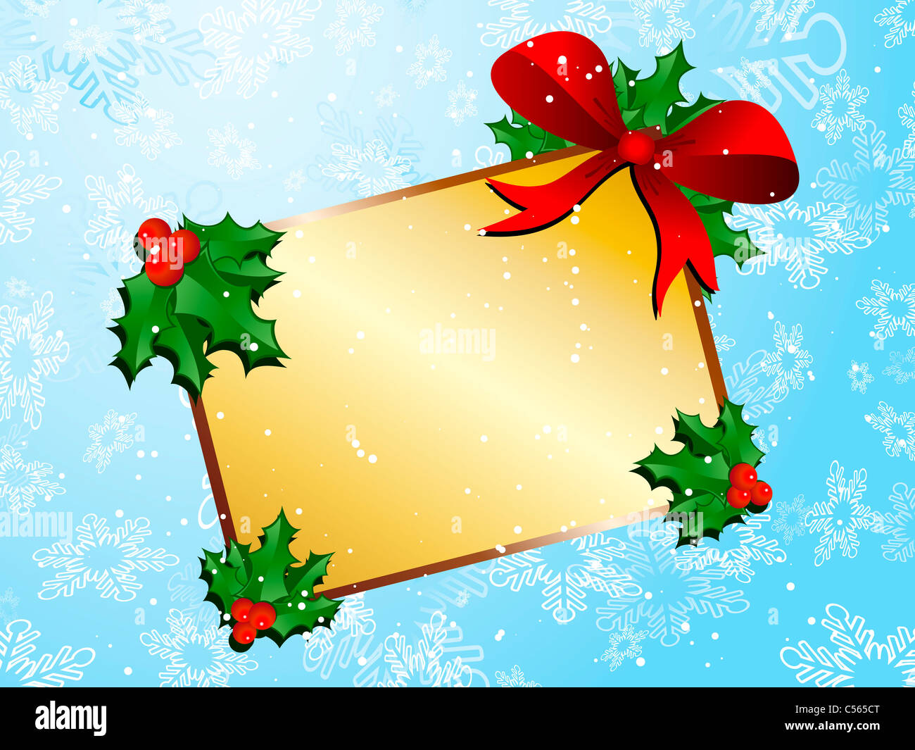 Decorative Christmas label background with holly and red ribbon Stock