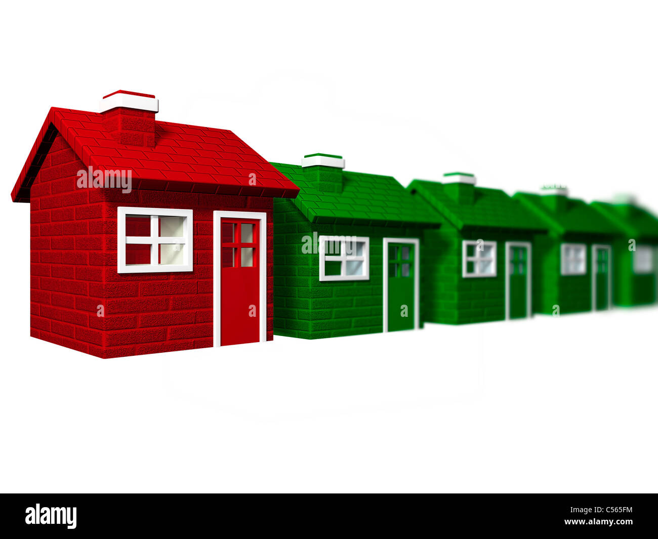 One red house standing out from a line of green houses Stock Photo