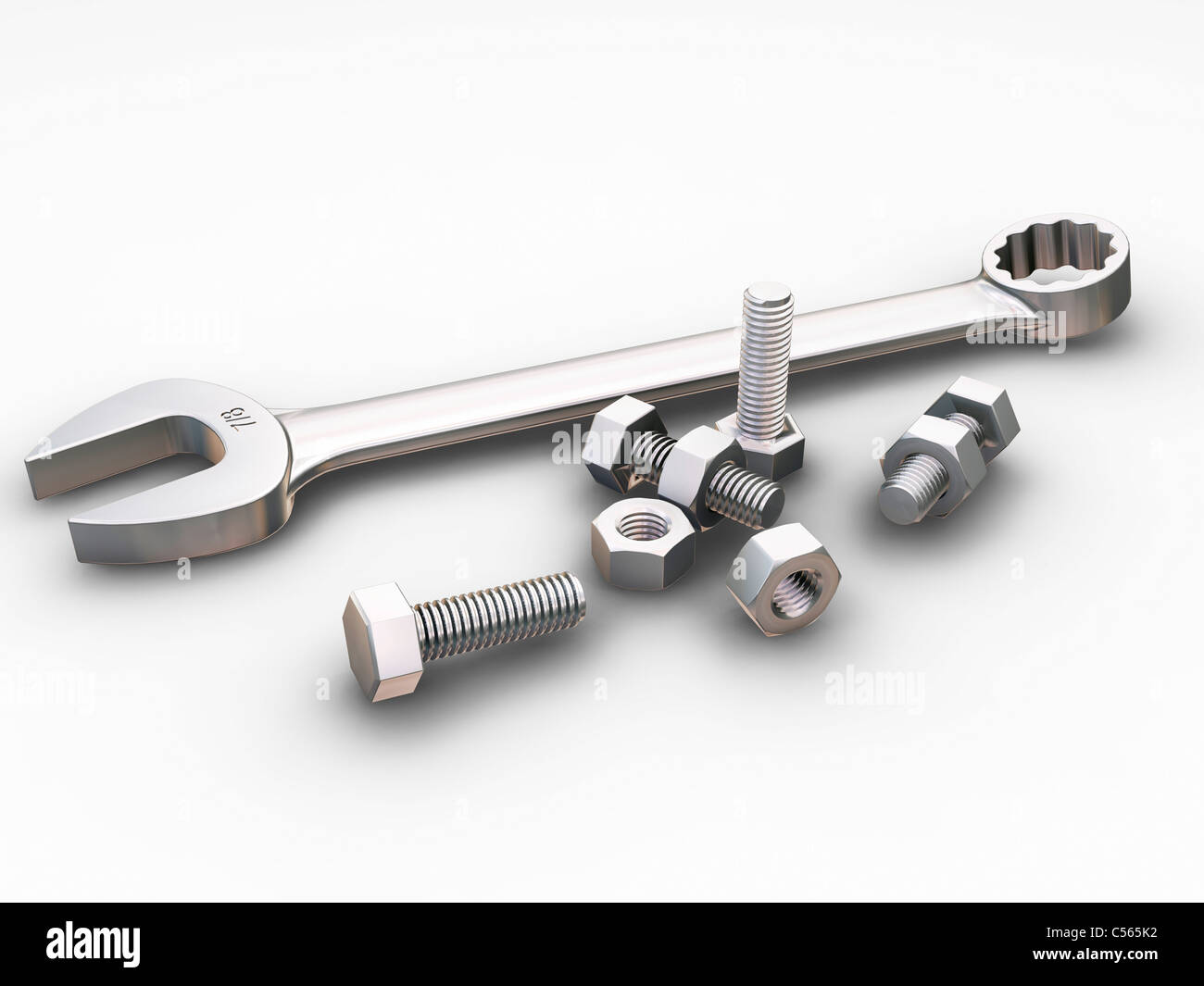 3D render of a spanner, nuts and bolts Stock Photo Alamy