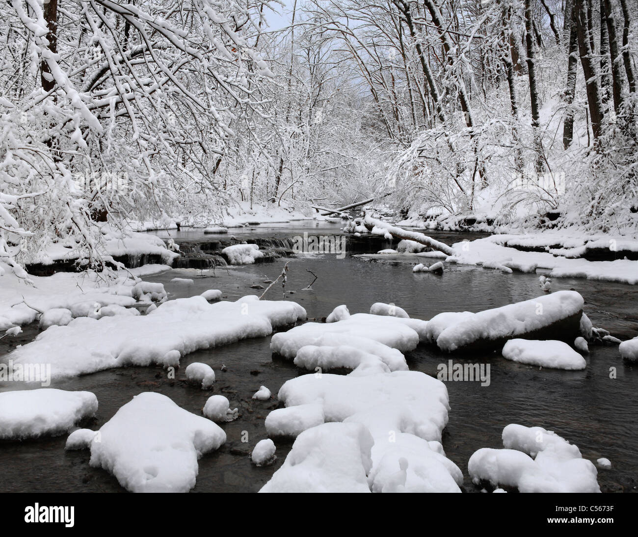 A Snow Covered Little Creek In Winter, Keehner Park, Southwestern Ohio