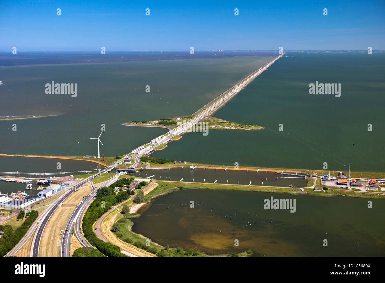 The Netherlands, Den Oever, Aerial of IJsselmeer Dam also called Afsluitdijk. Stock Photo