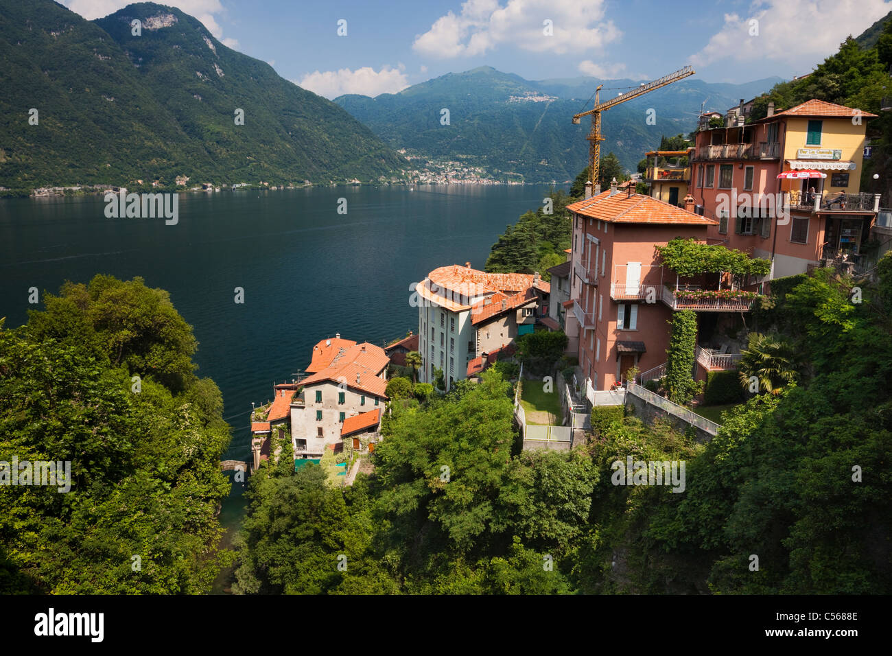 Houses of village Nesso climbing on a slope over lake Como, Italy Stock