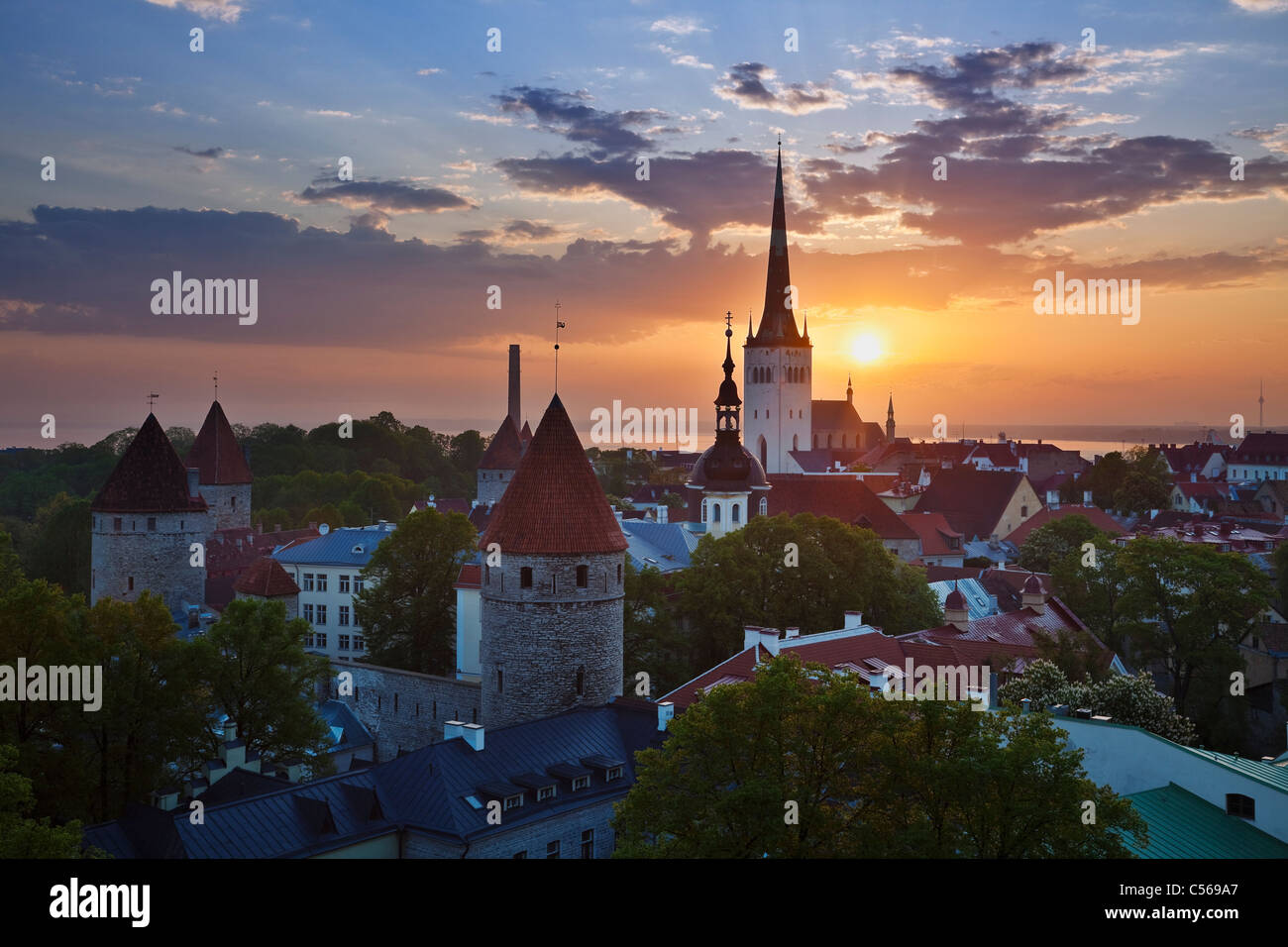 A view to sunrise over Tallinn old town in the morning Stock Photo
