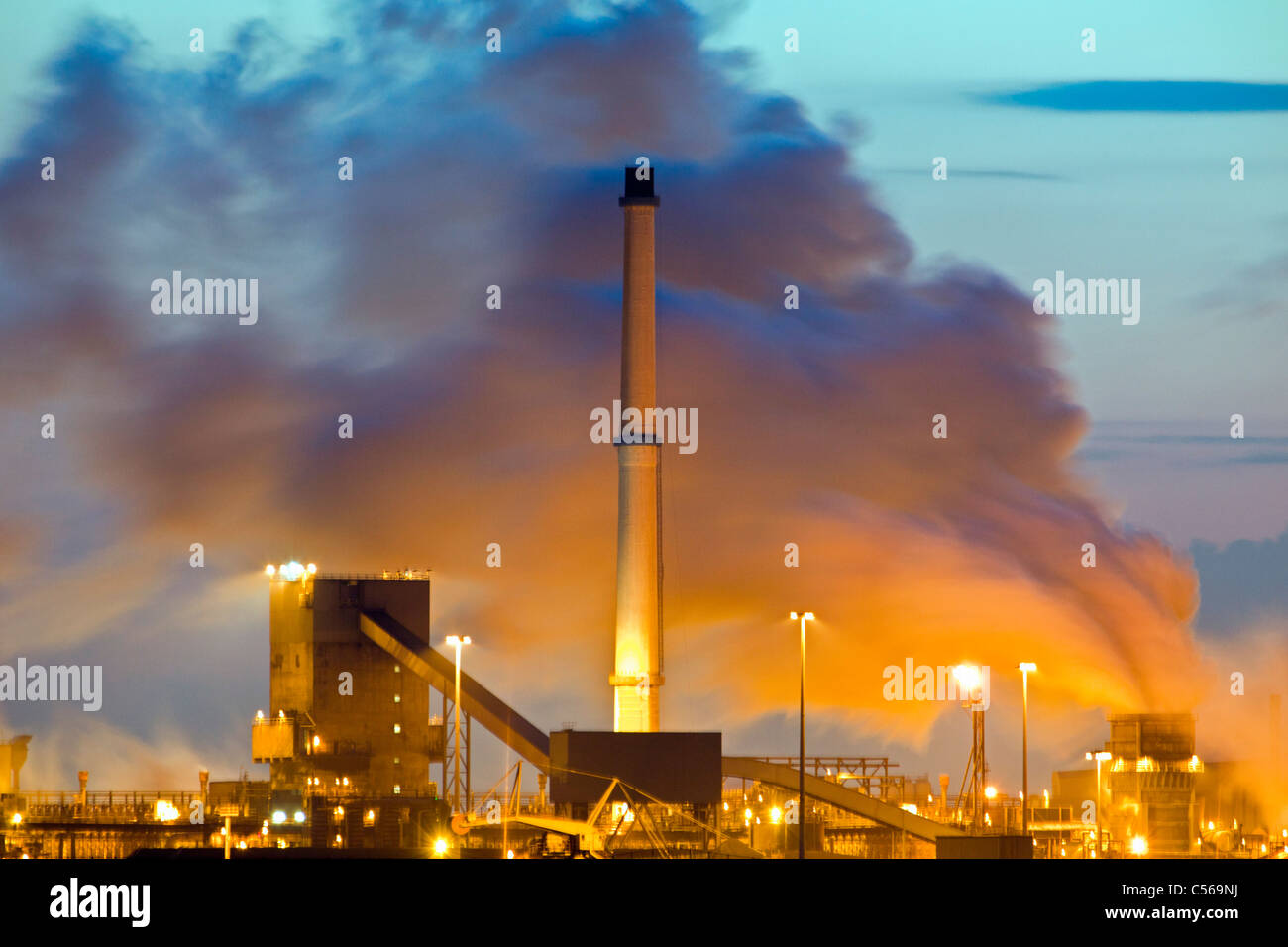 The Netherlands, IJmuiden, Tata Steel factory, blast furnaces. Sunrise. Stock Photo