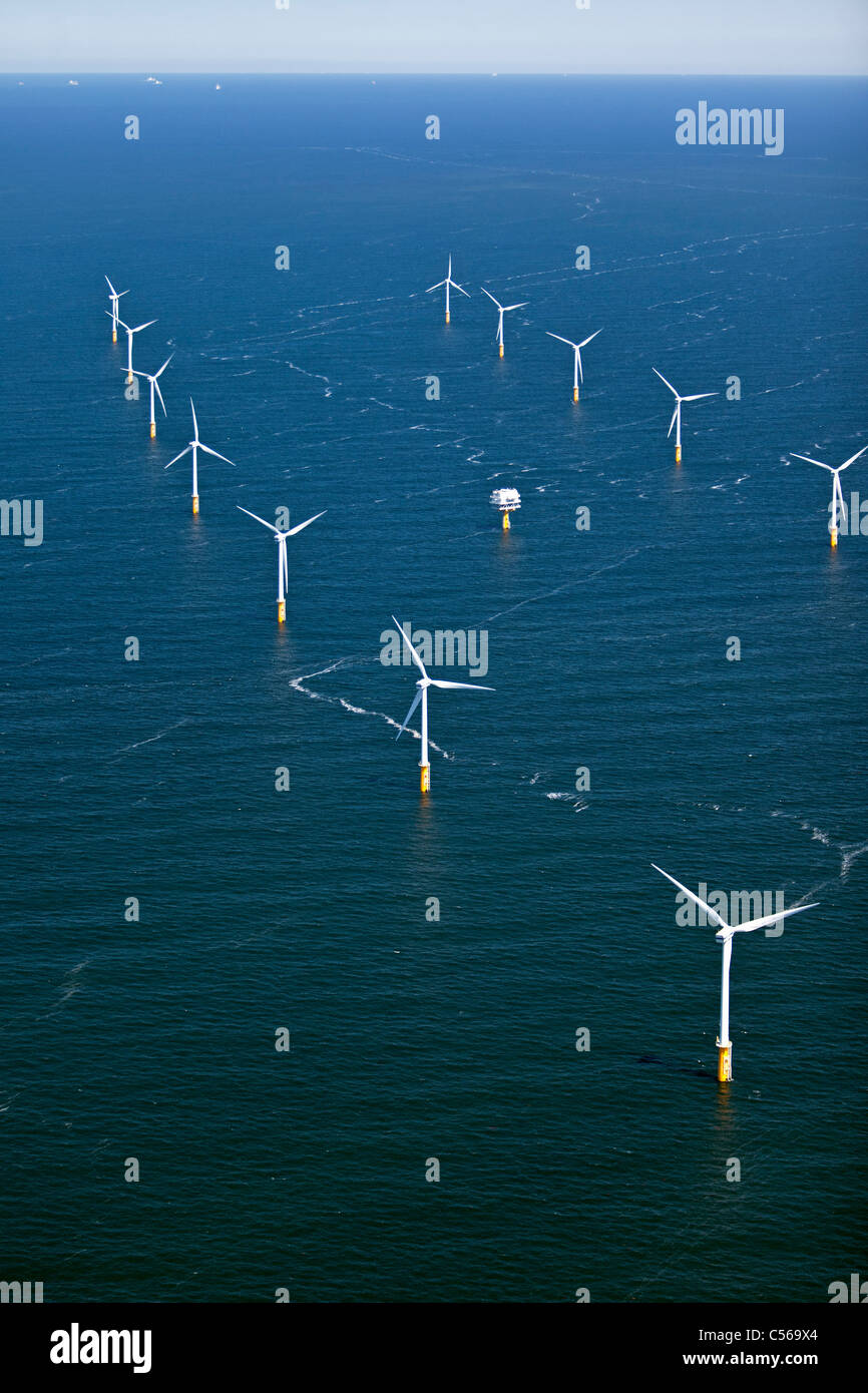 The Netherlands, IJmuiden, Aerial view of wind turbines park called Offshore Windpark Egmond aan Zee or Princess Amalia. Stock Photo