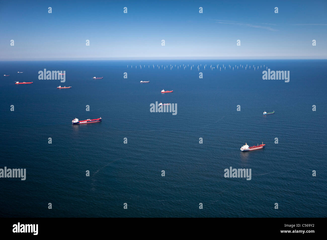 The Netherlands, IJmuiden, Aerial view of wind turbines park called