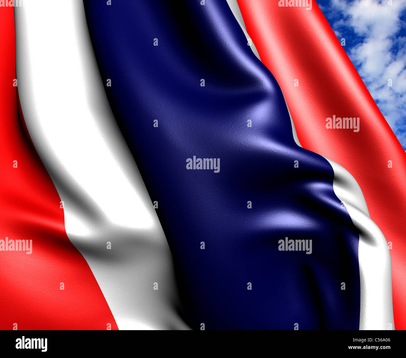 Flag of Thailand against cloudy sky. Close up. Stock Photo