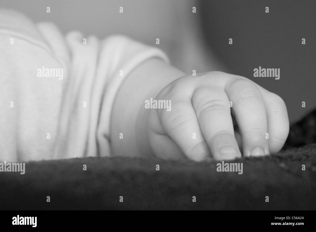Baby's hand resting on fleece Stock Photo Alamy