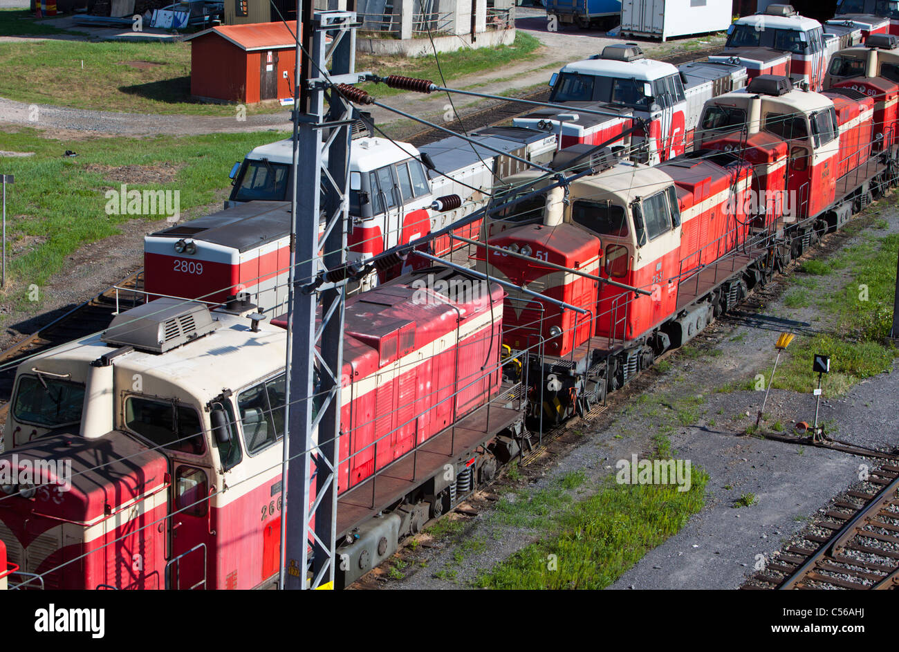 Old Finnish diesel electric locomotives at railroad depot , Finland Stock Photo