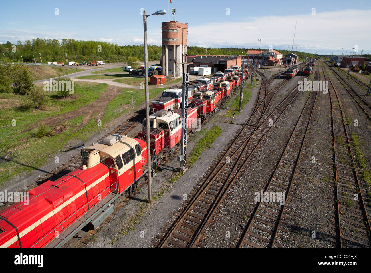 Aerial view of old Finnish diesel electric locomotives at railroad depot , Finland Stock Photo