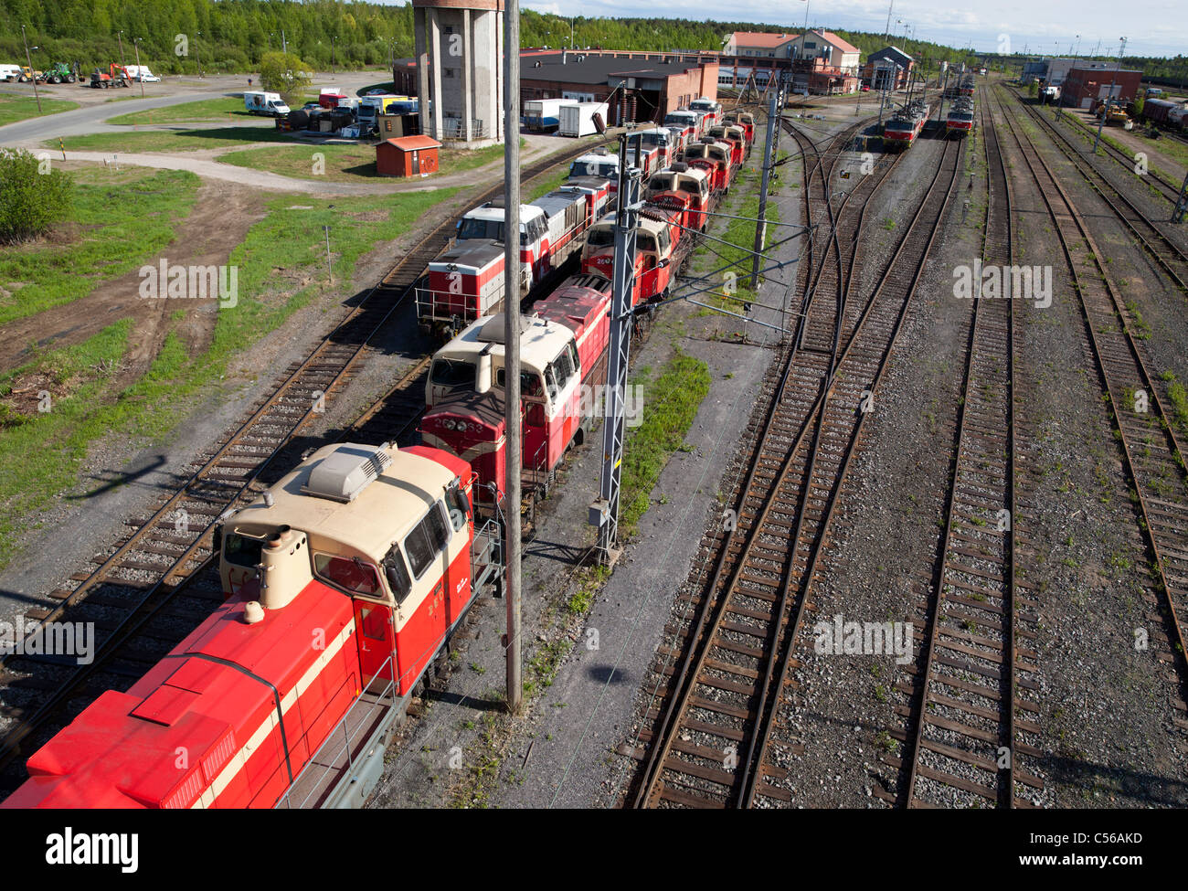 Old Finnish diesel electric locomotives at railroad depot , Oulu , Finland Stock Photo