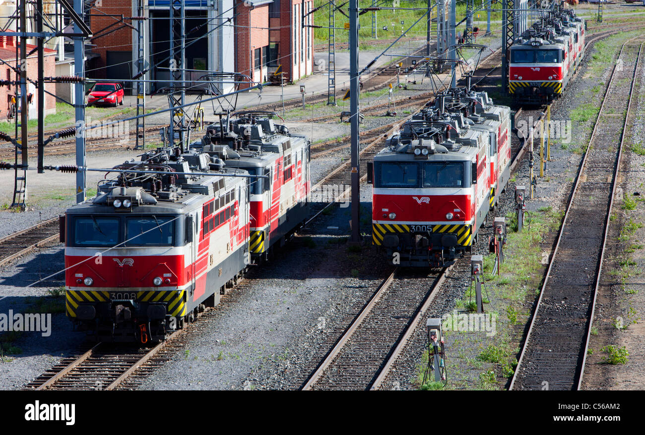 Finnish electric locomotives at railroad depot , Finland Stock Photo