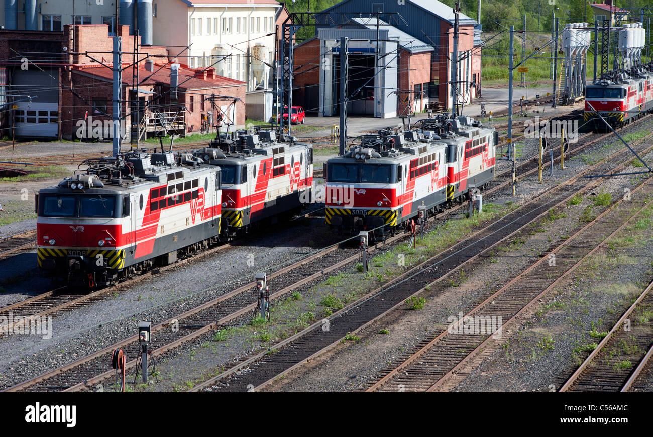 Finnish electric locomotives at railroad depot , Finland Stock Photo