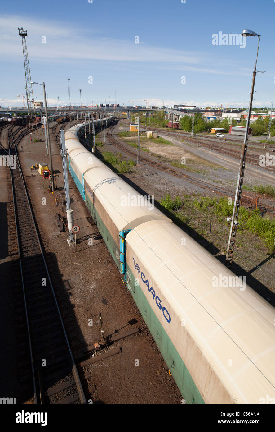 Very long cargo train at Oulu railroad yard , Finland Stock Photo
