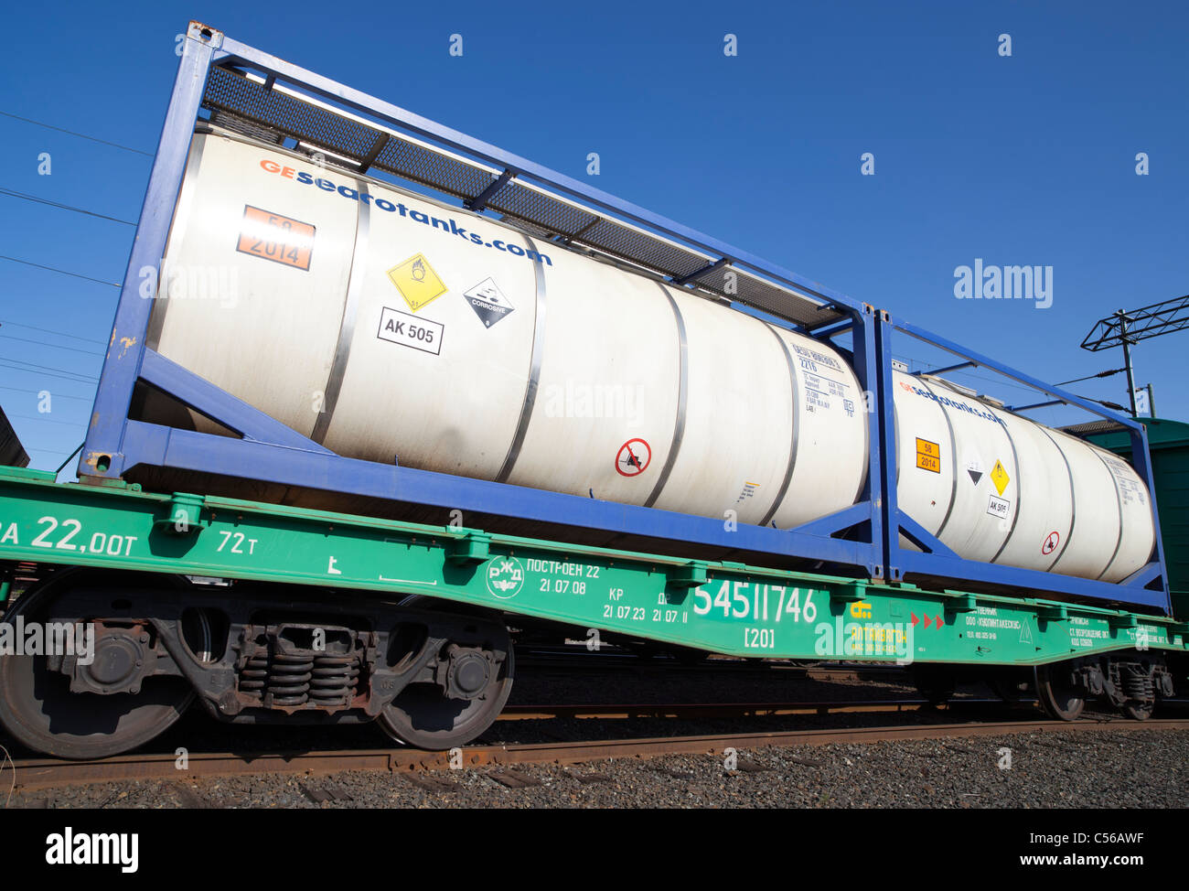 Chemical transport tanks on train flat car , Finland Stock Photo