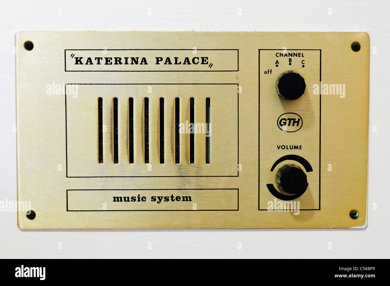 Old style hotel music system built into the wall in a  room in the Katerina Palace hotel Stock Photo