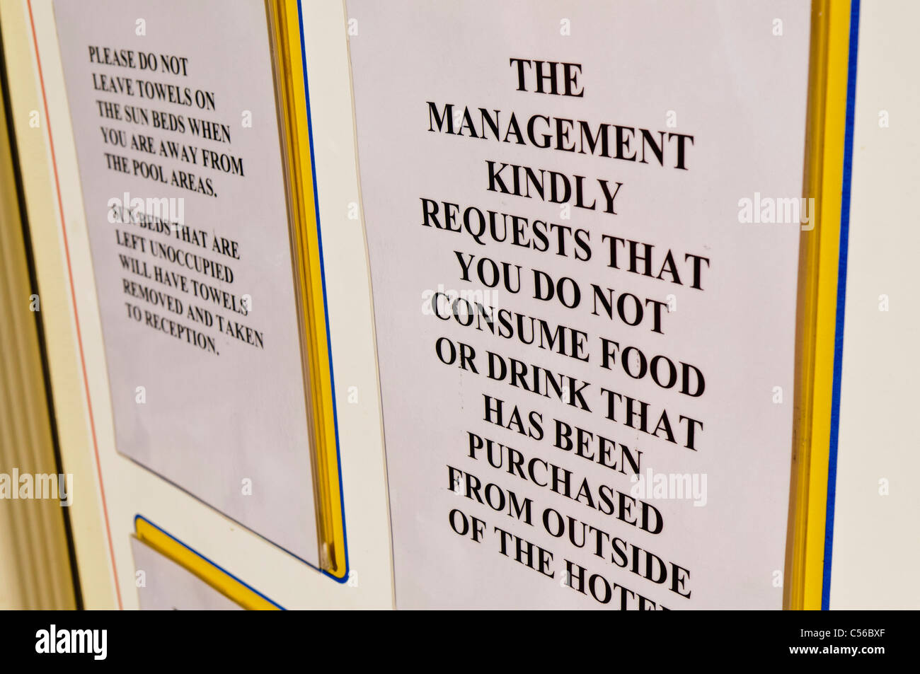 Sign in a hotel asking guests not to consume food or drink purchased