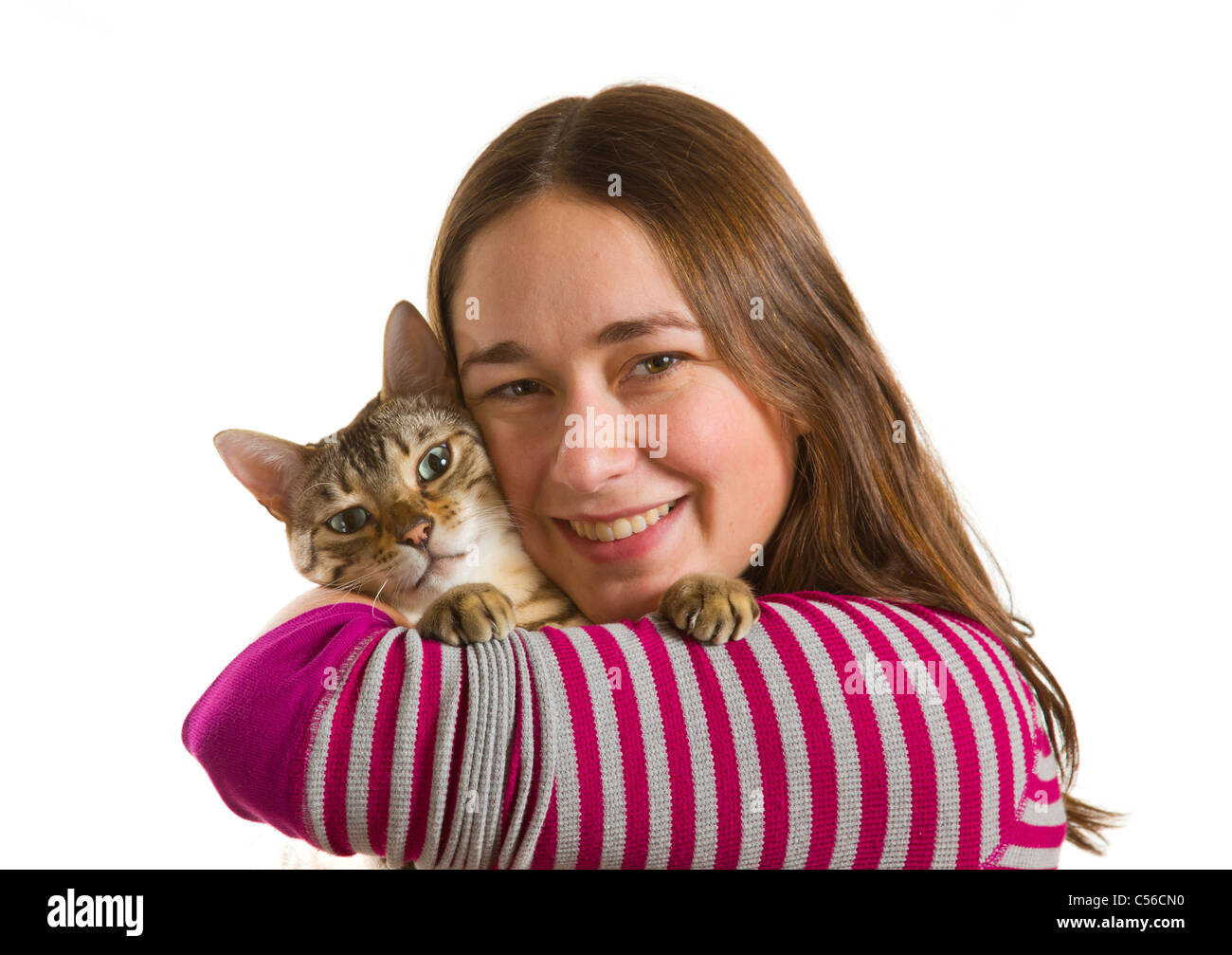 Bengal cat sits on shoulder of young woman / teenager Stock Photo Alamy