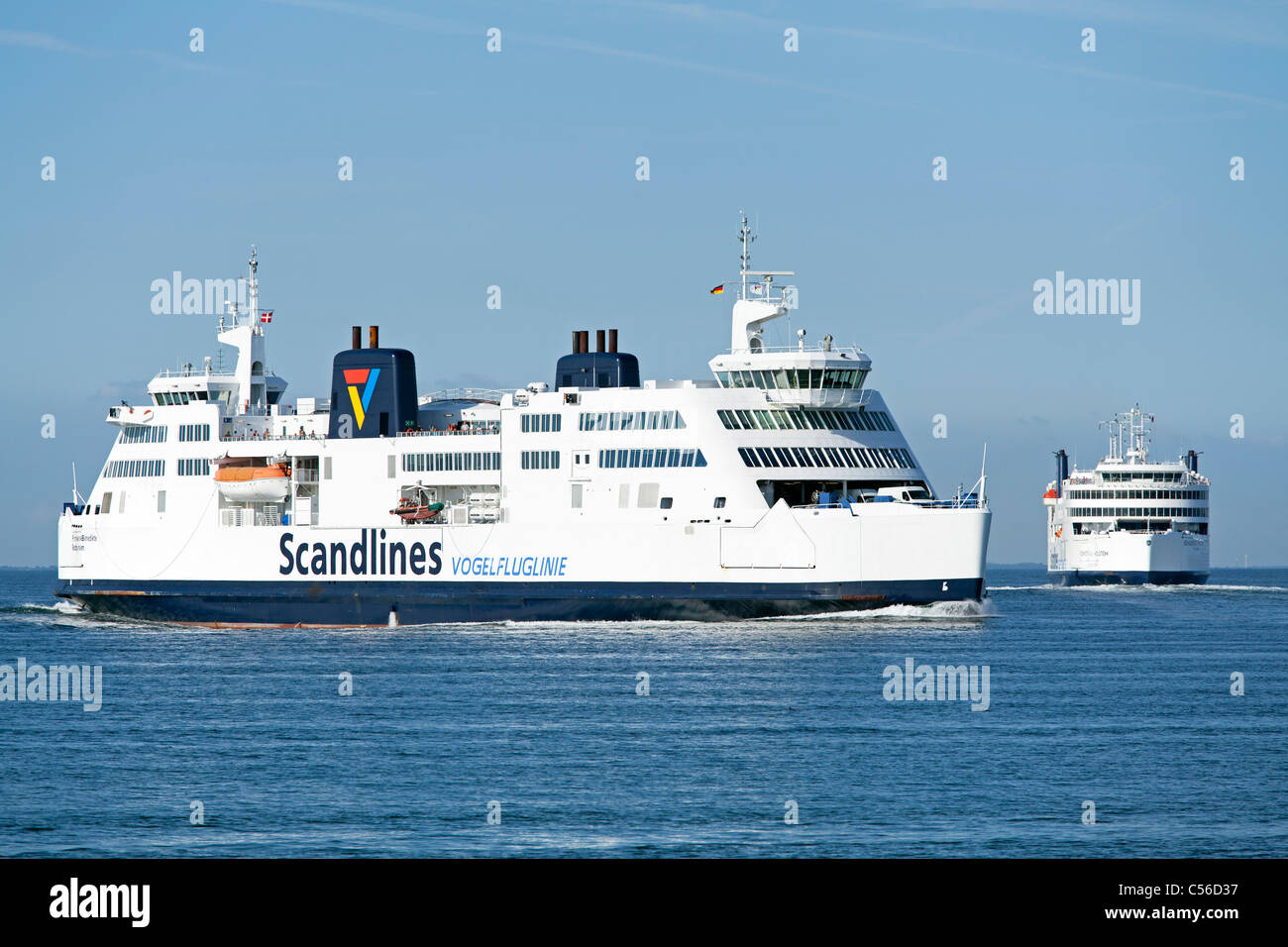 car ferry from Denmark arriving at Puttgarden, Fehmarn Island, Schleswig-Holstein, Germany Stock Photo