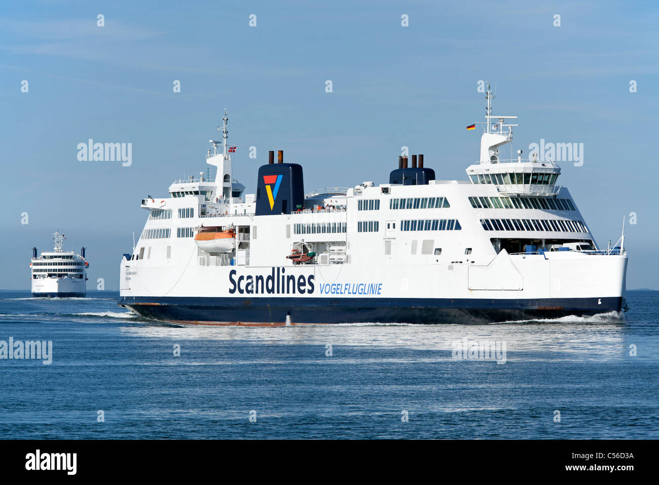 car ferry from Denmark arriving at Puttgarden, Fehmarn Island, Schleswig-Holstein, Germany Stock Photo