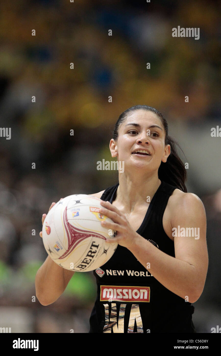 09.07.2011 Temepara George of New Zealand in action during the Semi-finals between New Zealand and England, Mission Foods World Netball Championships 2011 from the Singapore Indoor Stadium in Singapore. Stock Photo