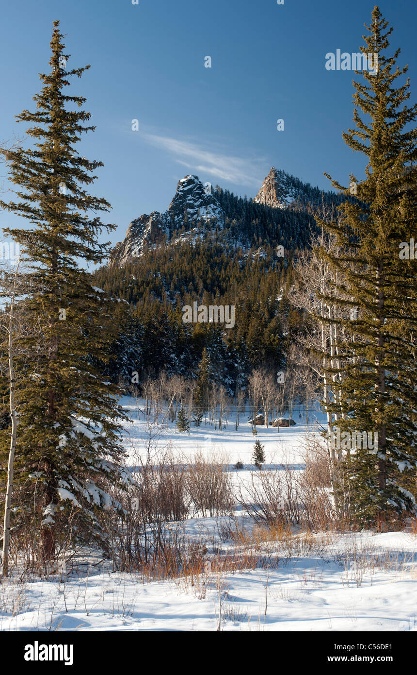 A couple of the rocky outcrops on Thorodin Mountain, near Panorama Point in Golden Gate Canyon State Park, Colorado Stock Photo