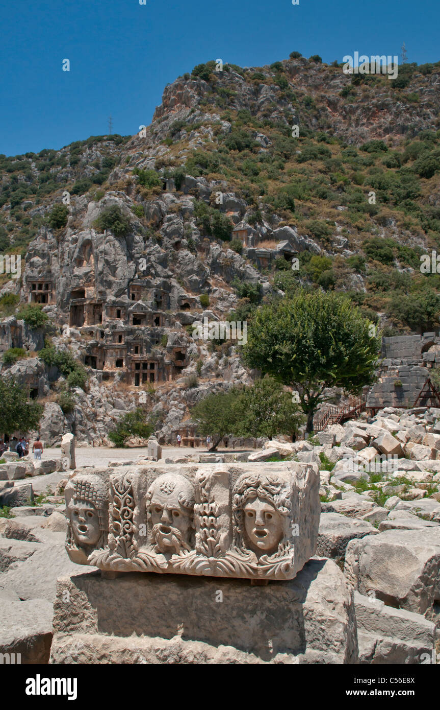 Detail of rock carvings on sarcophagus at Myra,Demre,Antalya,Turkey Stock Photo