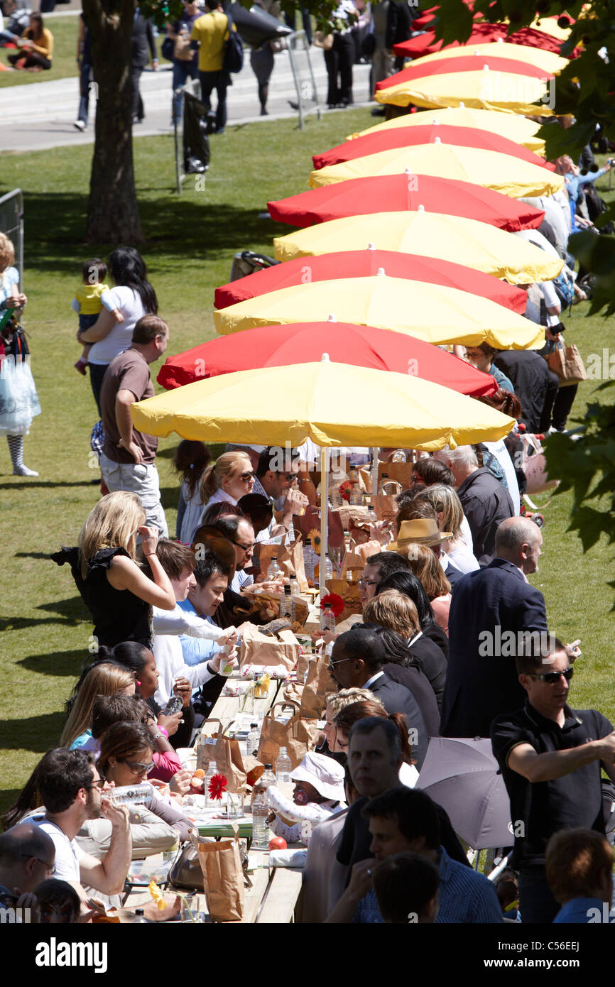 A specially built 90 meter picnic table outside City Hall in London is