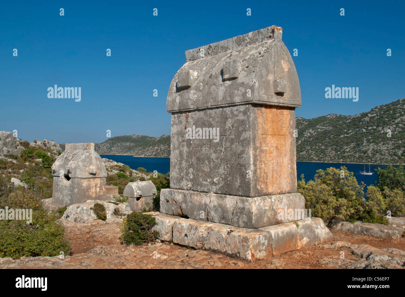 Lycian tombs of Kekova at Kalekoy (Simena),Antalya,Turkey Stock Photo