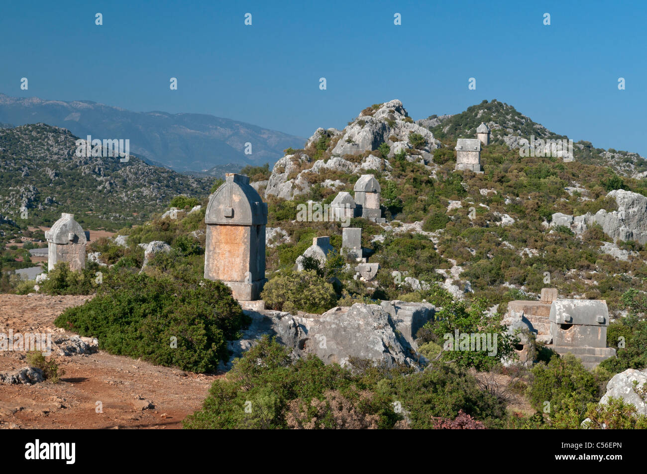 Lycian tombs of Kekova at Kalekoy (Simena),Antalya,Turkey Stock Photo
