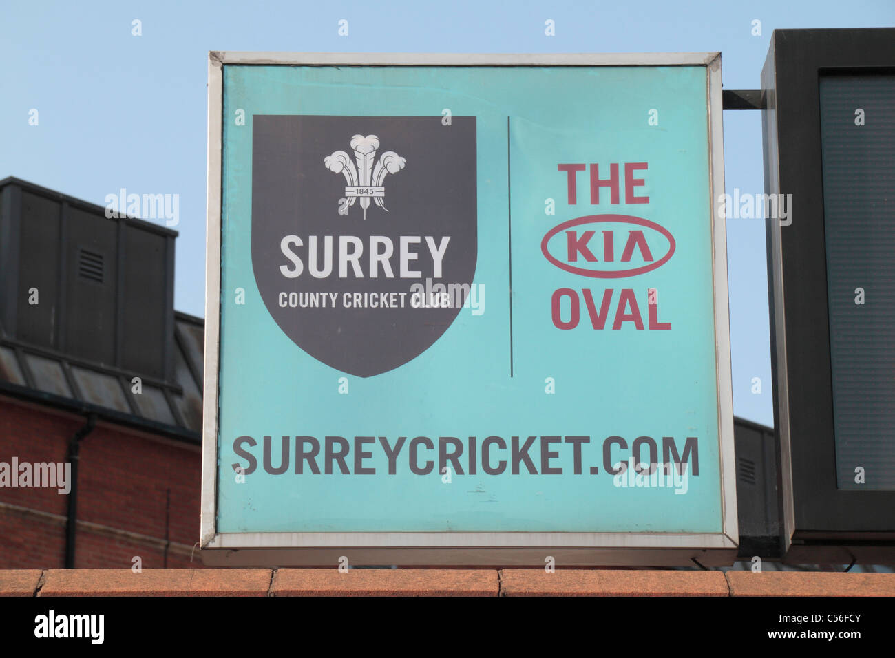 Sign at Hobbs gate entrance to the Kia Oval Cricket Ground, home to Surrey County Cricket Club, Kennington, South London, UK. Stock Photo