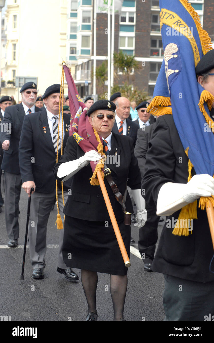 World War Two veterans march with soldiers of the 2nd Battalion The Princess of Wales's Royal Regiment  parade in Brighton. UK. Stock Photo