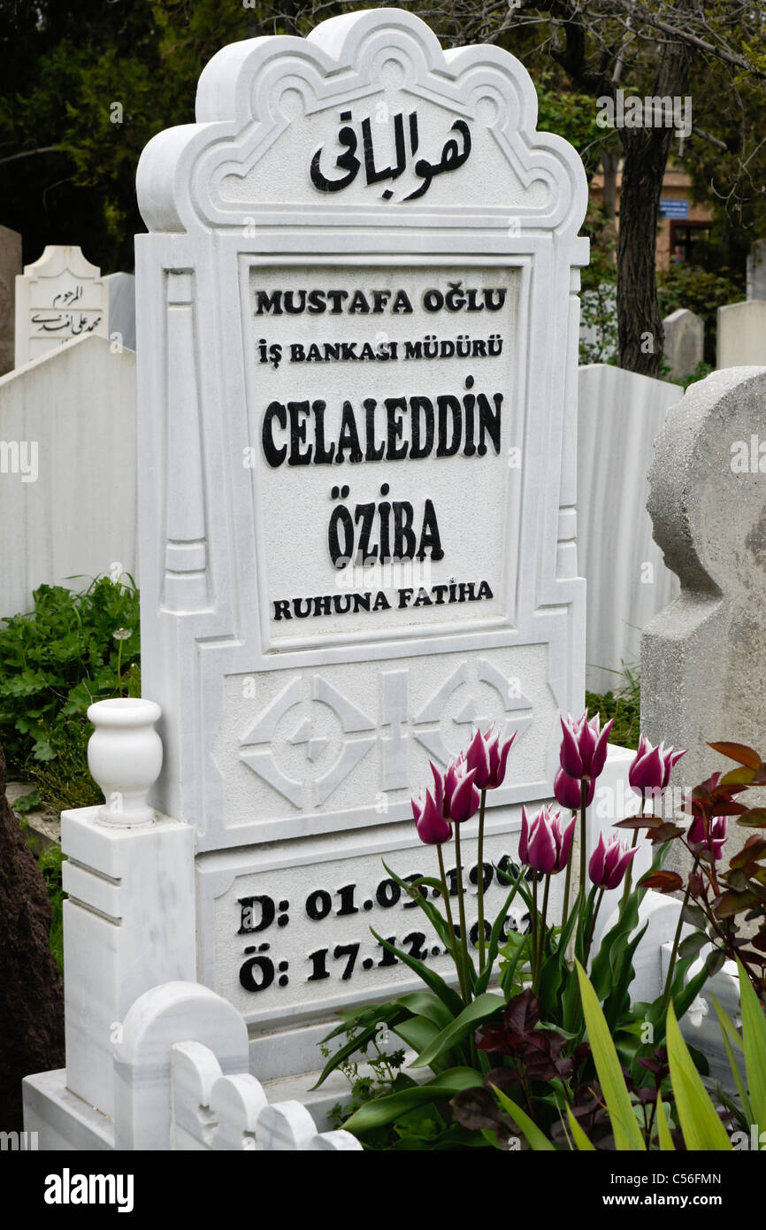 Grave and headstone in Ucler Mezarligi Muslim cemetery, Konya, Turkey