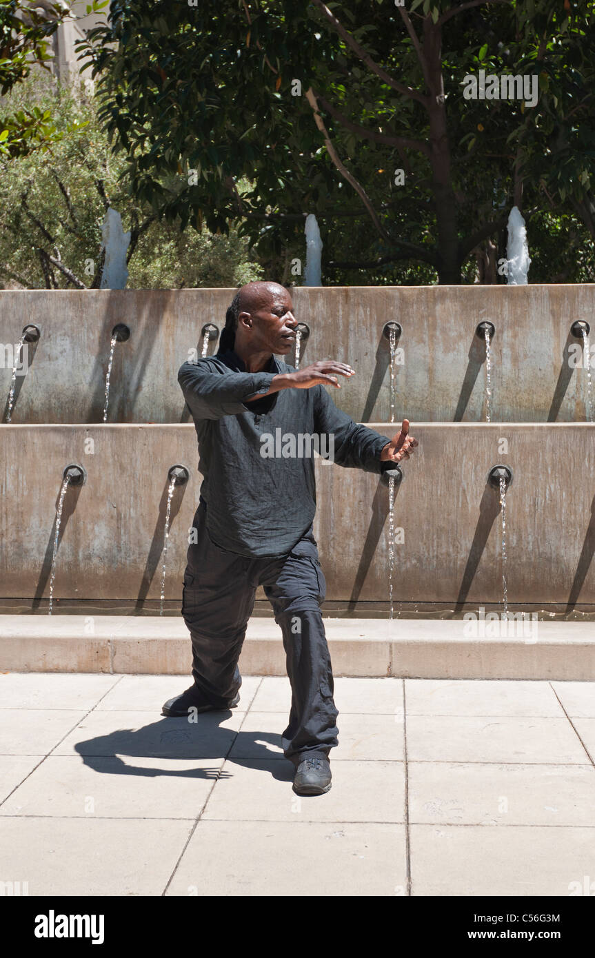 Man practicing Tai Chi in public in front of a fountain. Stock Photo
