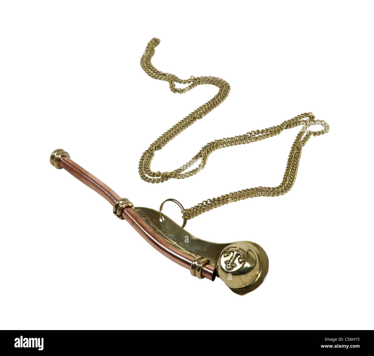 Brass boson whistle with an anchor symbol on the side and a chain - path included Stock Photo