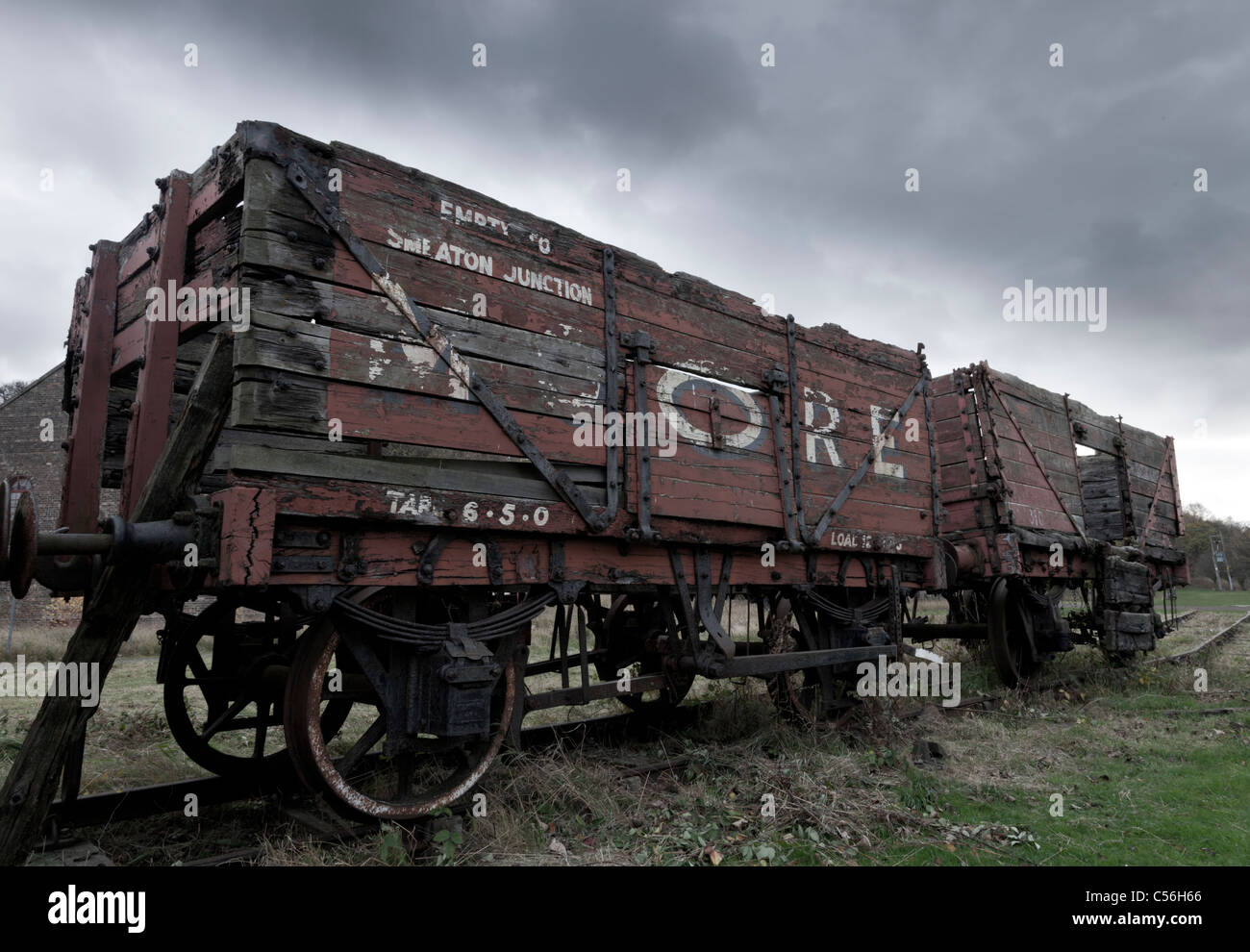 Old wooden coal or ore railway wagon at Prestonpans mining museum, East Lothian, Scotland Stock Photo