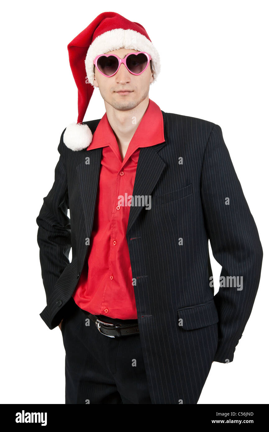 businessman in the Santa hat and sunglasses on a white background Stock ...