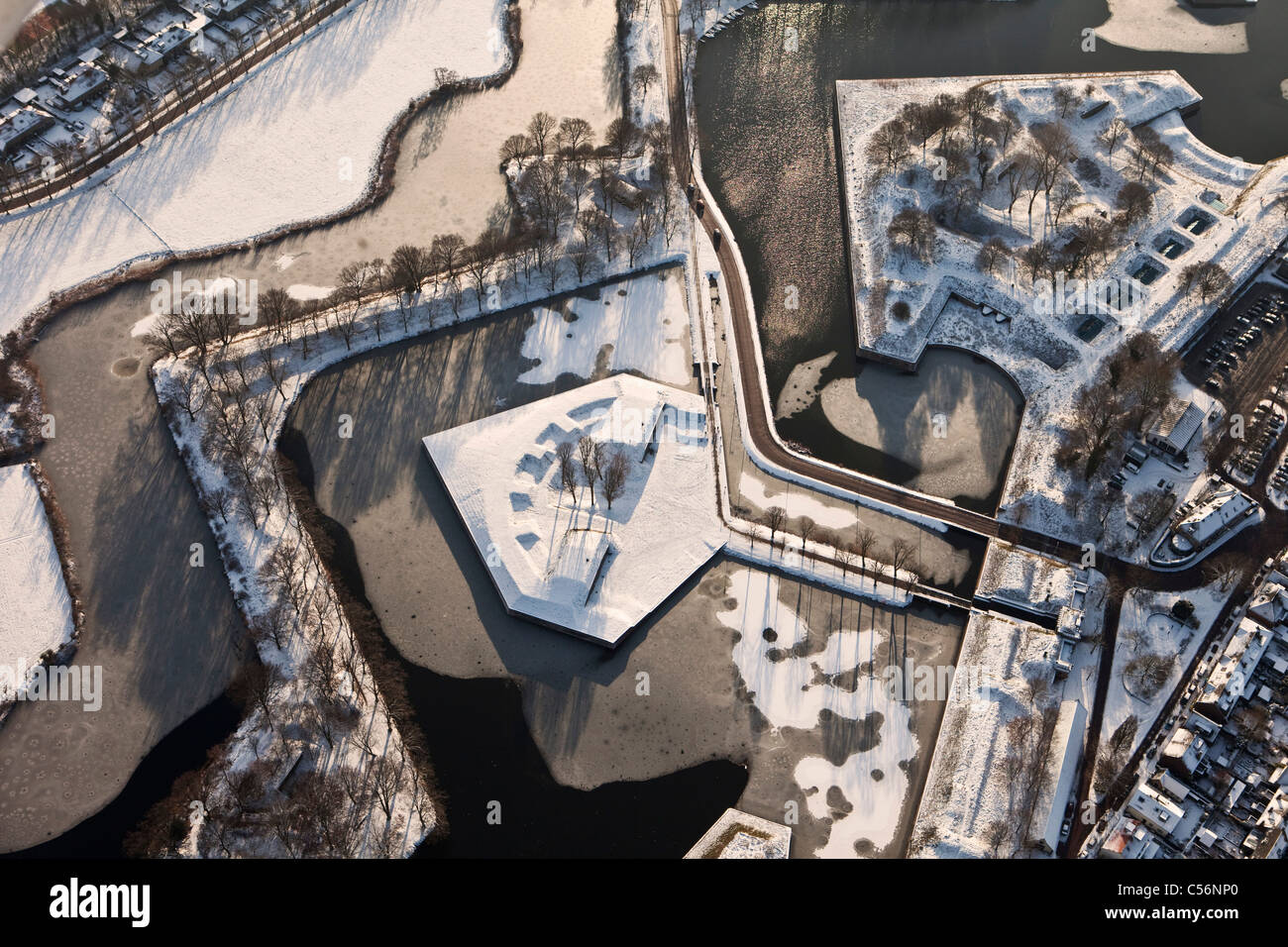 'The Netherlands, Fortified star shaped city of Naarden. Aerial. Snow. ' Stock Photo