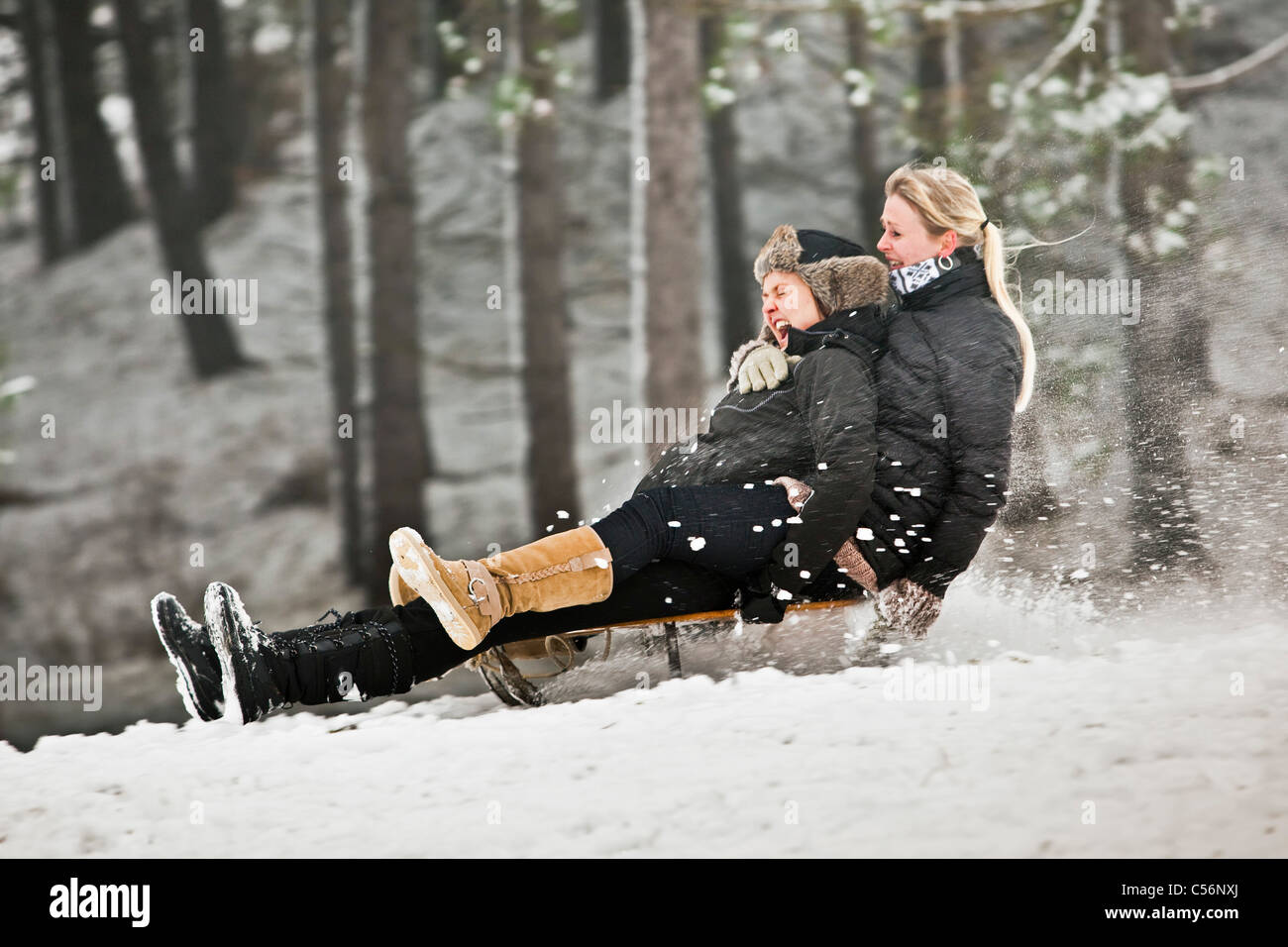 The Netherlands, Egmond aan Zee, Girls sledging. Stock Photo