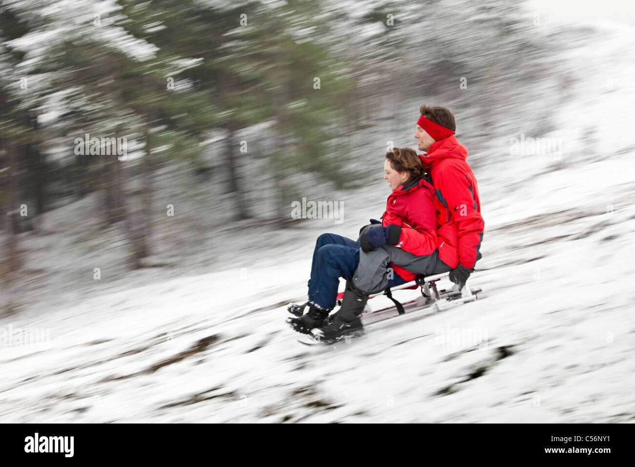 The Netherlands, Egmond aan Zee, Man and woman sledging. Stock Photo